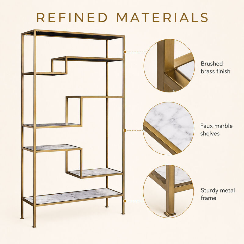 Teamson 5-Tier Display Shelf, Faux Marble Shelves, Brass Metal Frame, 40 x 13.5 x 72in, Open Storage Bookcase, Anti-Tip Hardware, Modern Marmo Collection image number 3