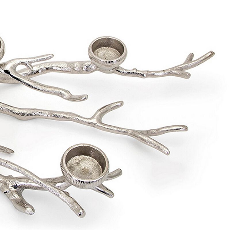 23 Inch Metal Tea Light Holder, Tree Branch Design, 4 Candle Slots, Silver - Benzara