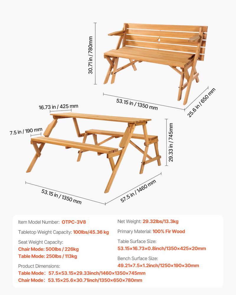 2-in-1 Wooden Picnic Table and Bench Set &ndash; Foldable Outdoor Table with Umbrella Hole