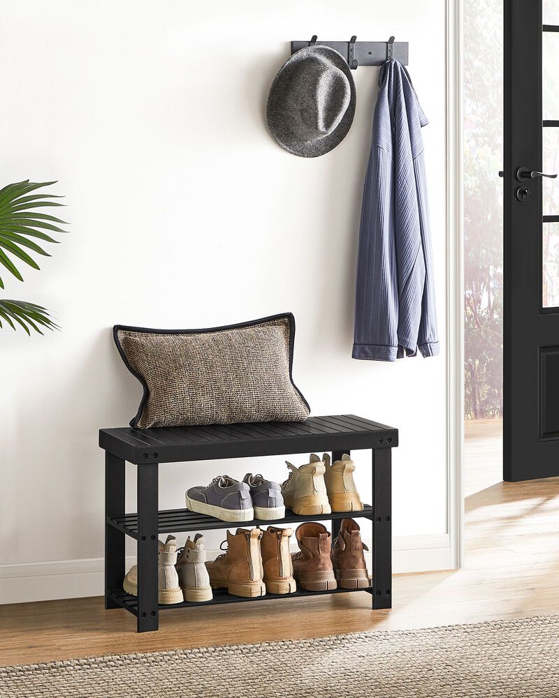 Shoe Bench with 3 Wicker Tiers &ndash; Compact Storage Rack with Seat for Bedroom, Entryway or Closet Use