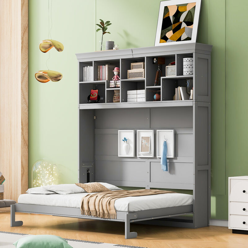 Whisen Modern Design Queen Size Murphy Bed Wall Bed, Folded into a Cabinet with Top Shelves and USB Ports
