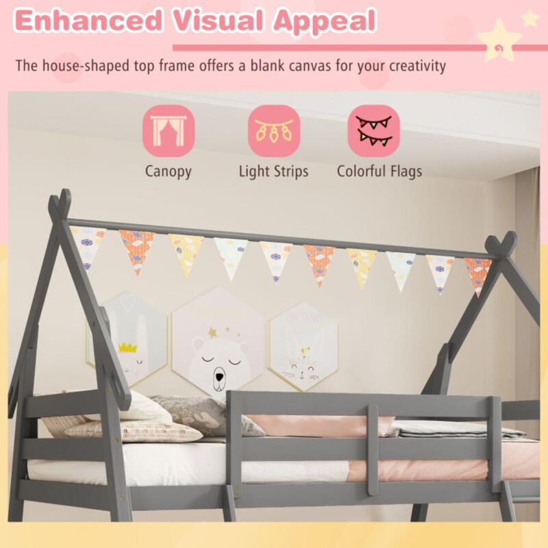 Hivvago Twin Over Queen Bunk Bed Wooden Kids Bed with Climbing Nets and Ramp