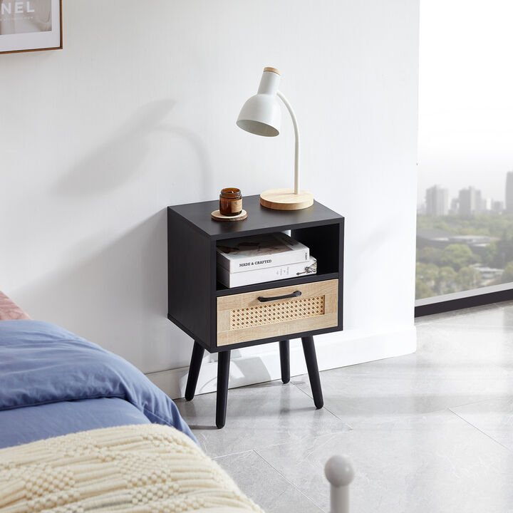 Rattan End table with drawer and solid wood legs, Modern nightstand, side table for living roon, bedroom, black