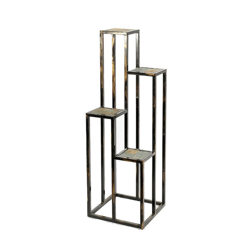 4 Tier Cast Iron Frame Plant Stand with Stone Topping, Black and Gold - Benzara