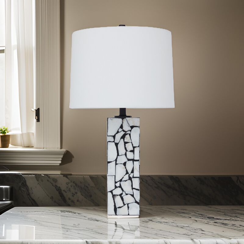 28 Inch Table Lamp, Drum Shade, Black and White Mosaic Marble Art Resin - Benzara