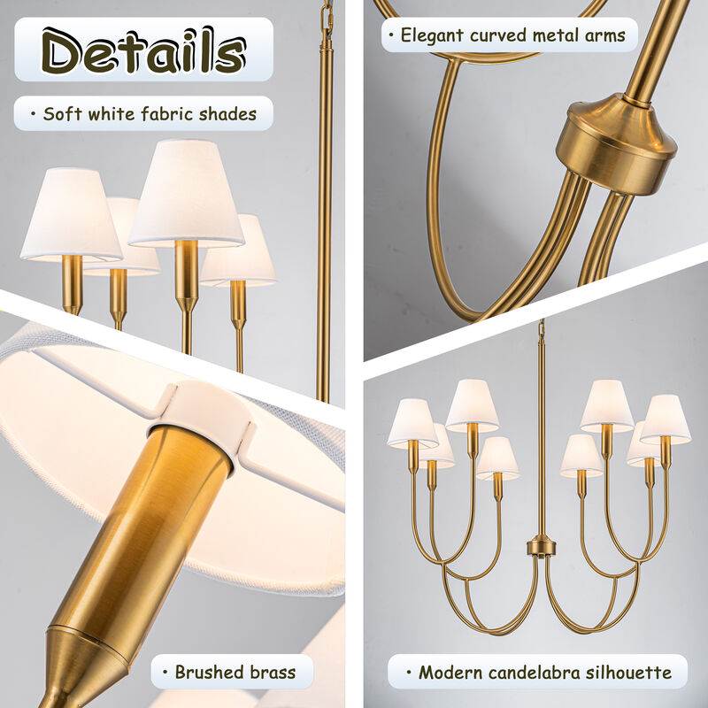 8-Light 32-Inch Mid-century Modern Satin Brass Large Chandelier with White Linen Fabric Shades For Dining Room or Foyers image number 6