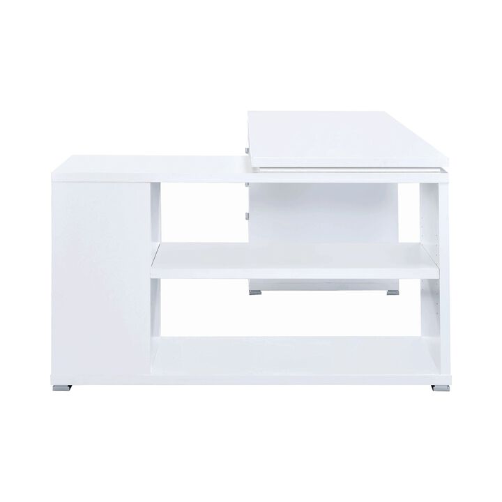 Contemporary L Shaped Office Desk with 3 Drawers and Shelves, White-Benzara