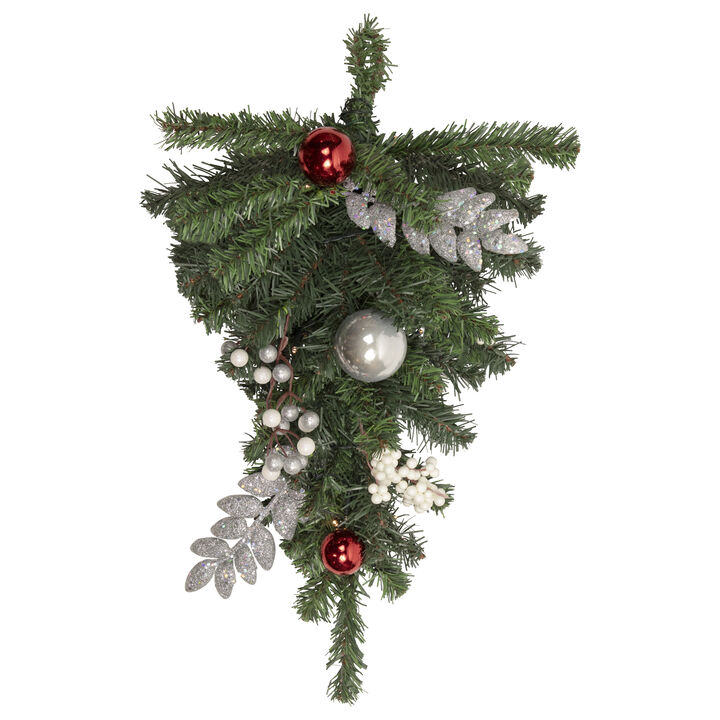 20" Pre-lit Decorated Green Pine Artificial Teardrop Christmas Swag  Cool White LED Lights