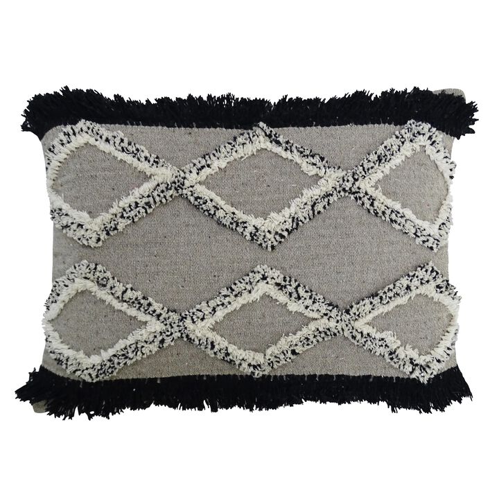 22” Gray and Black Handloomed Throw Pillow with Fringes