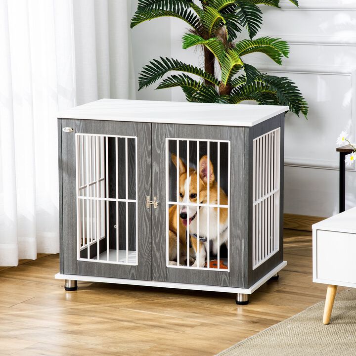 34'' Wooden Dog Cage, Modern Wire Dog Crate, Pet Kennel with Door, Lock, Adjustable Foot Pads, for Small and Medium Dogs, Grey and White