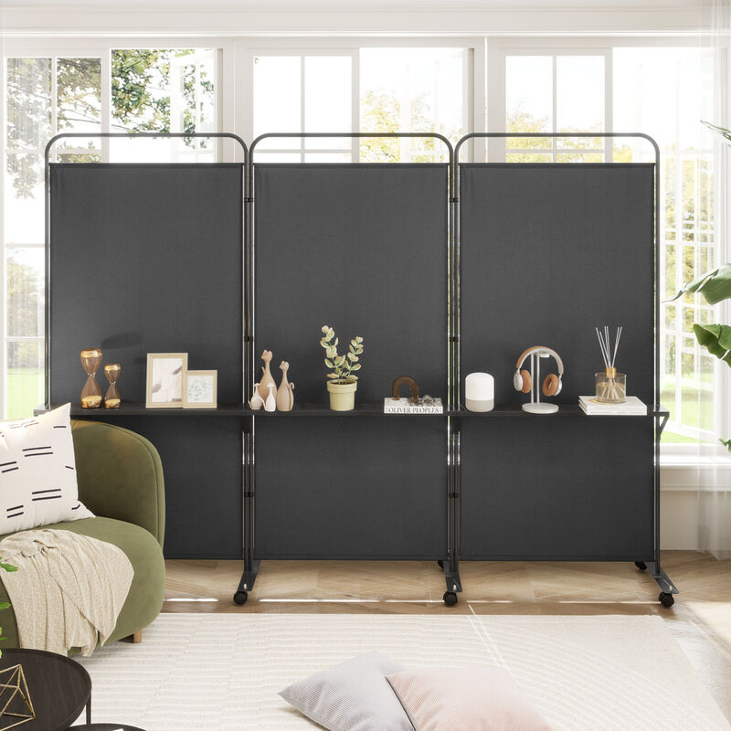 Multi-Functional 3-Panel Folding Room Divider with Metal Shelves and Lockable Wheels