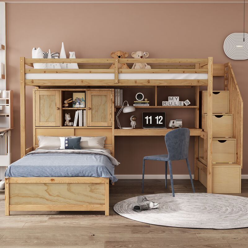 Whisen Twin over Twin Loft Bed with Desk & Staircase, Pine, for Bedroom image number 2