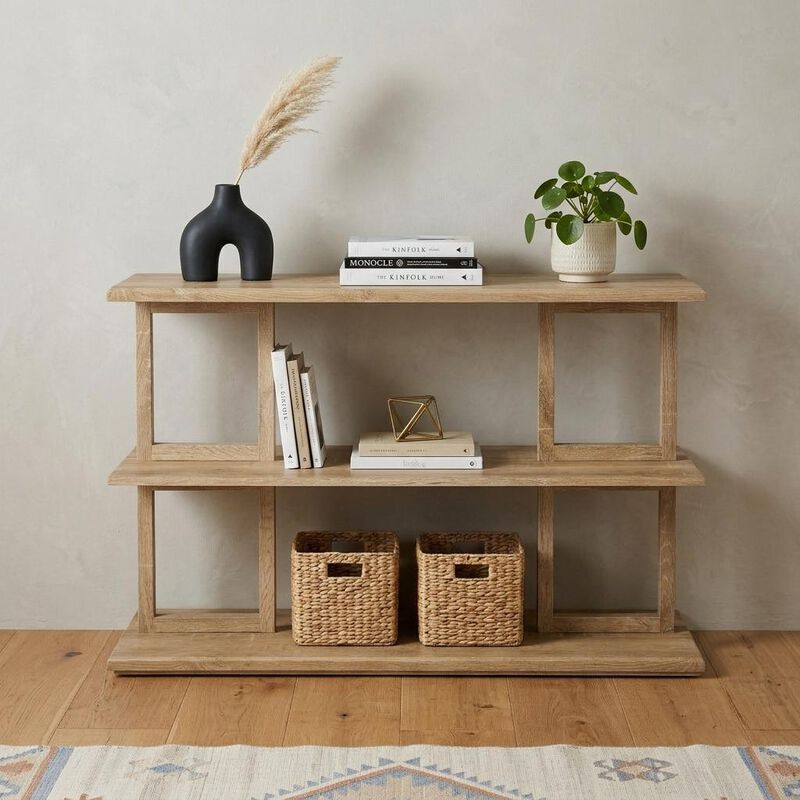 HomeRoots 42" Natural Wood Floor Shelf Console Table With Two Shelves image number 1