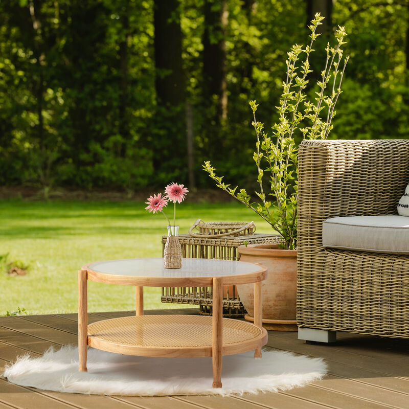 Rattan Coffee Table with Glass Top, Round Side Table for Living Room or Patio