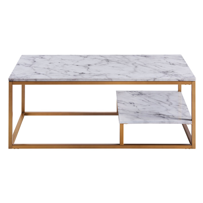 Marmo Modern Marble-Look Coffee Table with Shelf, Marble/Brass image number 2