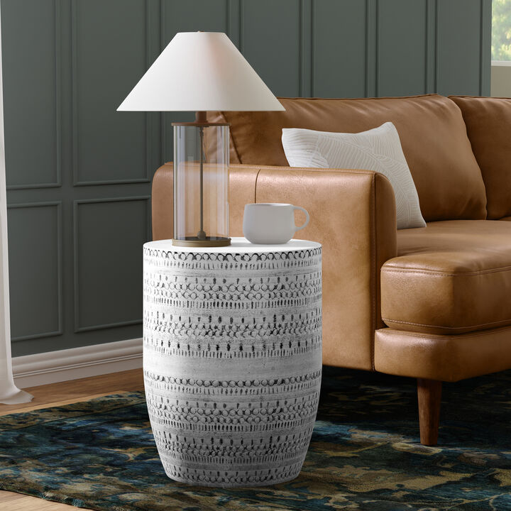 Johnsen 15 inch Wide Tribal Pattern Metal Accent Table in Antique Silver Iron, Assembled