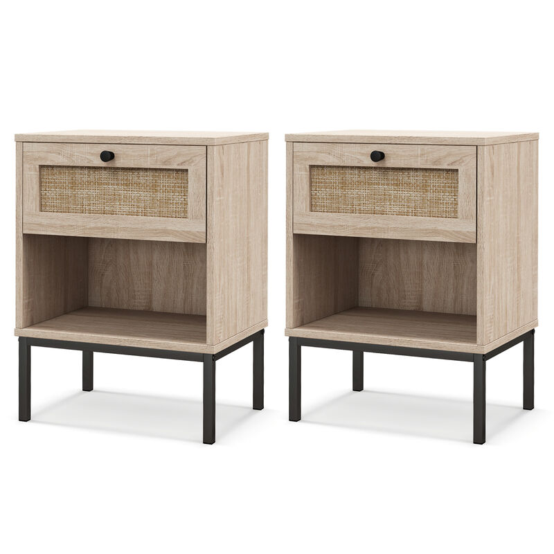 Rattan Nightstand End Table with Rattan Drawer and Open Shelf Set of 2