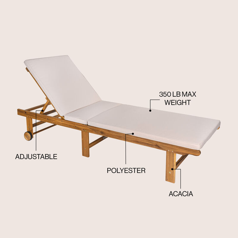 Mallorca Modern Classic Adjustable Acacia Wood Chaise Outdoor Lounge Chair with Cushion & Wheels