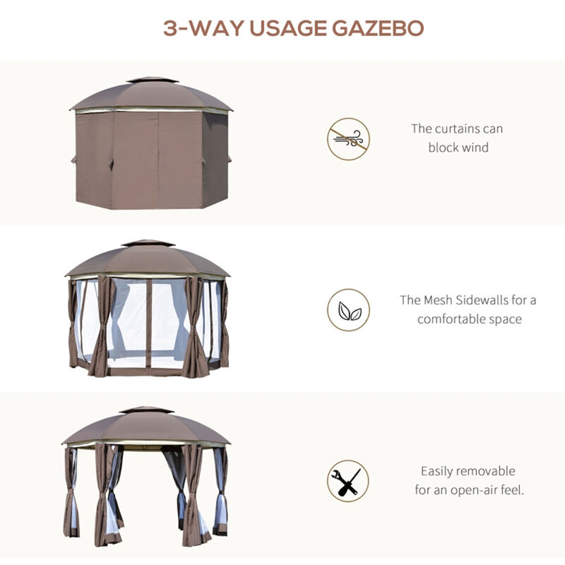 Round Outdoor Gazebo with Double Roof, Patio Dome Canopy Shelter with Netting Sidewalls and Zippered Doors