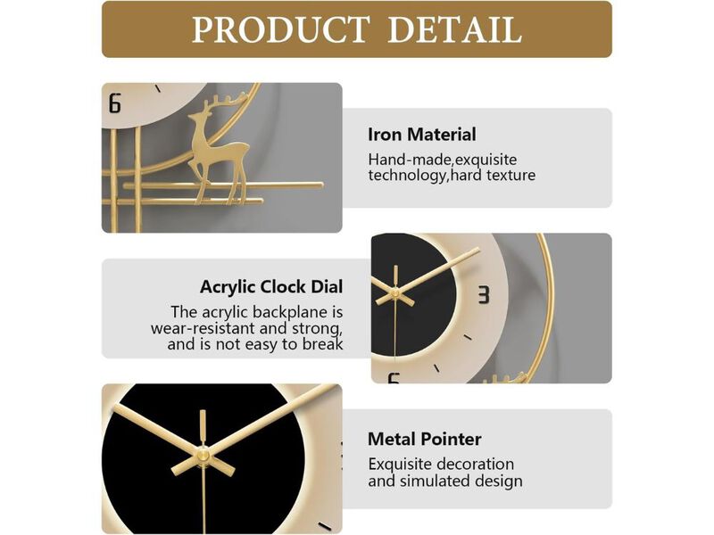 Large Modern Wall Clock Gold Metal Silent Battery Operated Decorative Light image number 2