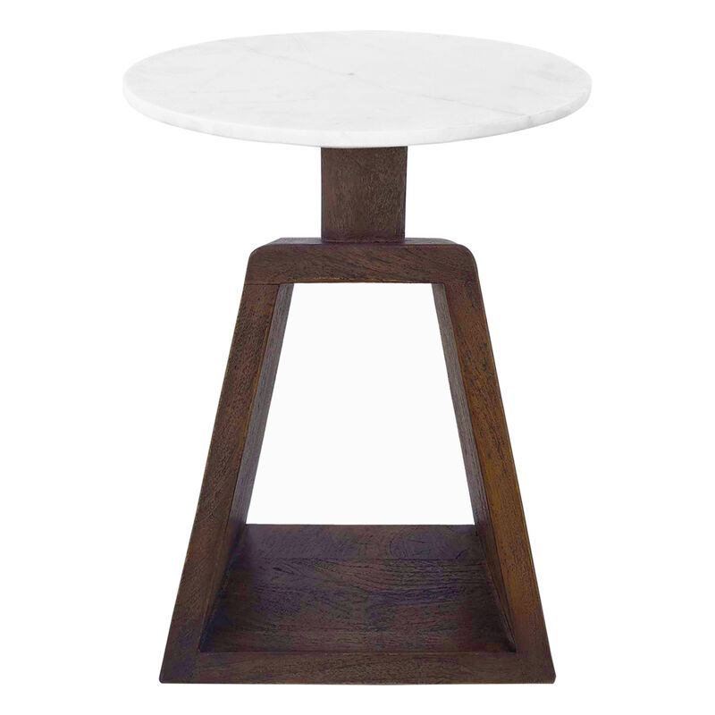 Port Blair Side End Table, Round White Genuine Marble Top with Handcrafted Mango Wood 16.5 Inch image number 0