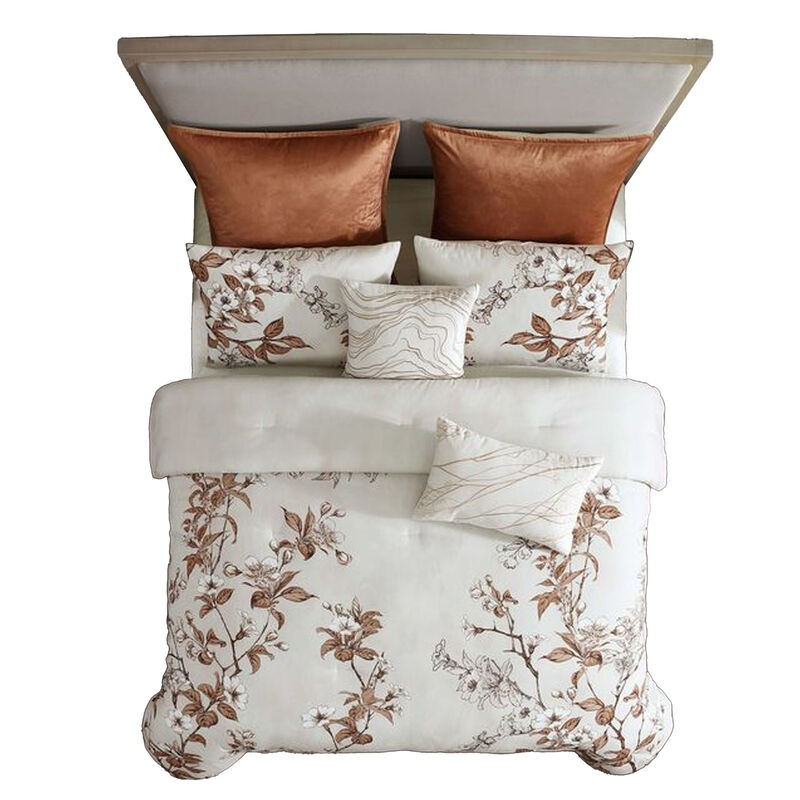 Jenya 5pc Queen Size Comforter Set with Shams, Floral Print White