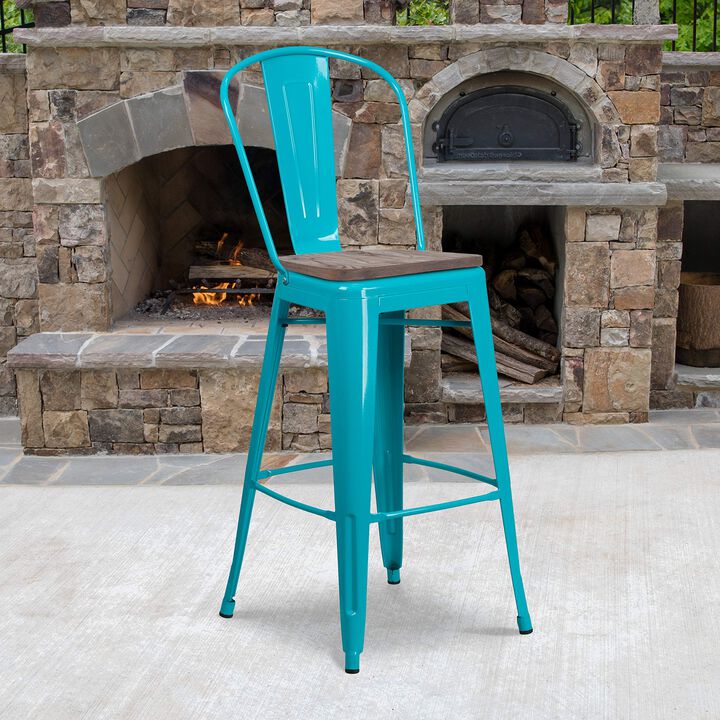 Flash Furniture 30" High Crystal Teal-Blue Metal Barstool with Back and Wood Seat