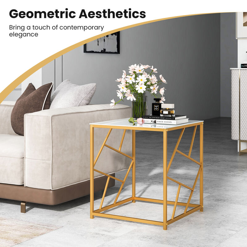 Square End Table with Tempered Glass Tabletop and Gold Finish Geometric Frame-Golden
