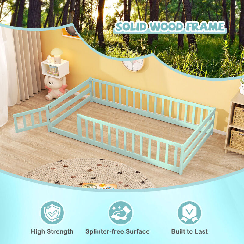 Twin Size Wood Montessori Floor Bed for Kids with Safety Fence and Door image number 5