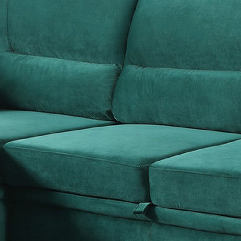 Exie 98 Inch 2 Piece Sectional Sofa, Pull Out Bed, Storage, Green Velvet