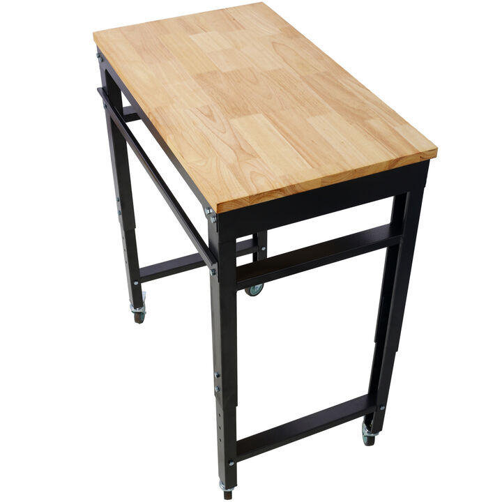 GOODSILO Adjustable Height Rolling Workbench with Rubber Wood Top and Heavy-Duty Steel Frame for Garage and Workshop Projects