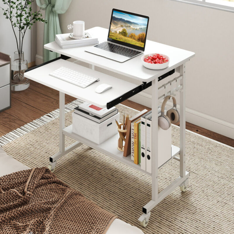 Rolling Computer Table with Keyboard Tray and Storage Hooks image number 3