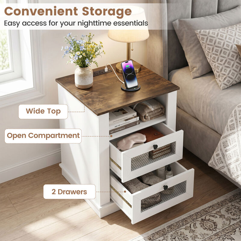 Modern Nightstand with Charging Station and 2 Storage Drawers for Bedroom image number 3
