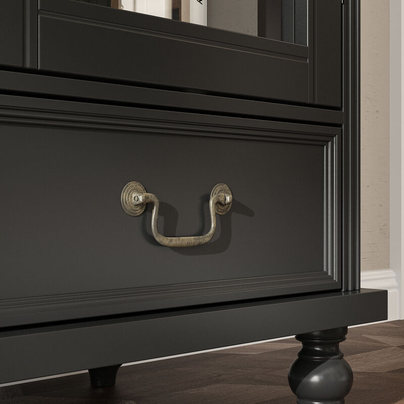 FUFU&GAGA Modern Storage Cabinet with 2 Glass Doors and 1 Drawer, Vintage Handles, Solid Painted Wood Legs, Tall Base Design (34.6 in. W x 15.7 in. D x 77.2 in. H), Black