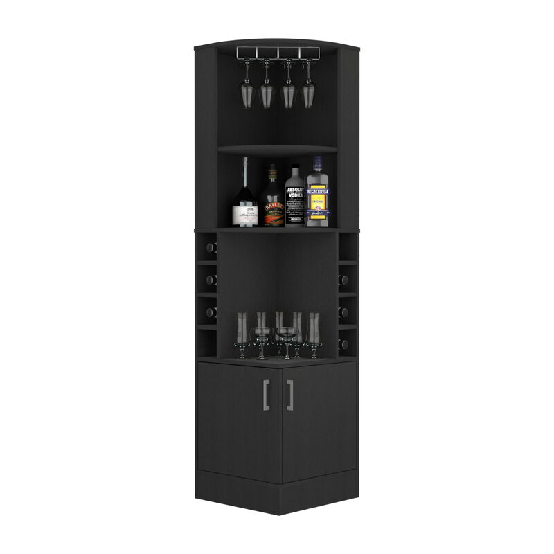DEPOT E-SHOP Cairo Corner Bar Cabinet, Double Door Cabinet, Glass Rack, Eight Built-in Wine Rack, Black