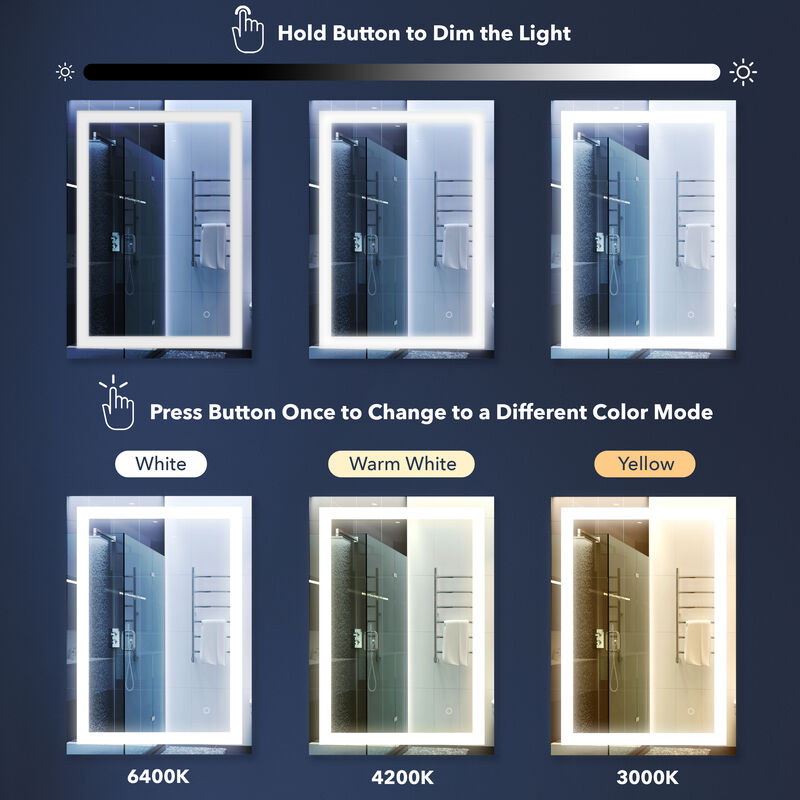 Remy Rectangular Frameless Antifog Front-Lit Wall Bathroom Vanity Mirror, Smart Touch