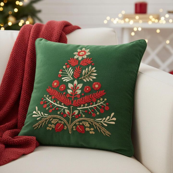HomeRoots 18" Green And Red Floral Velvet Cotton Christmas Tree Throw Pillow