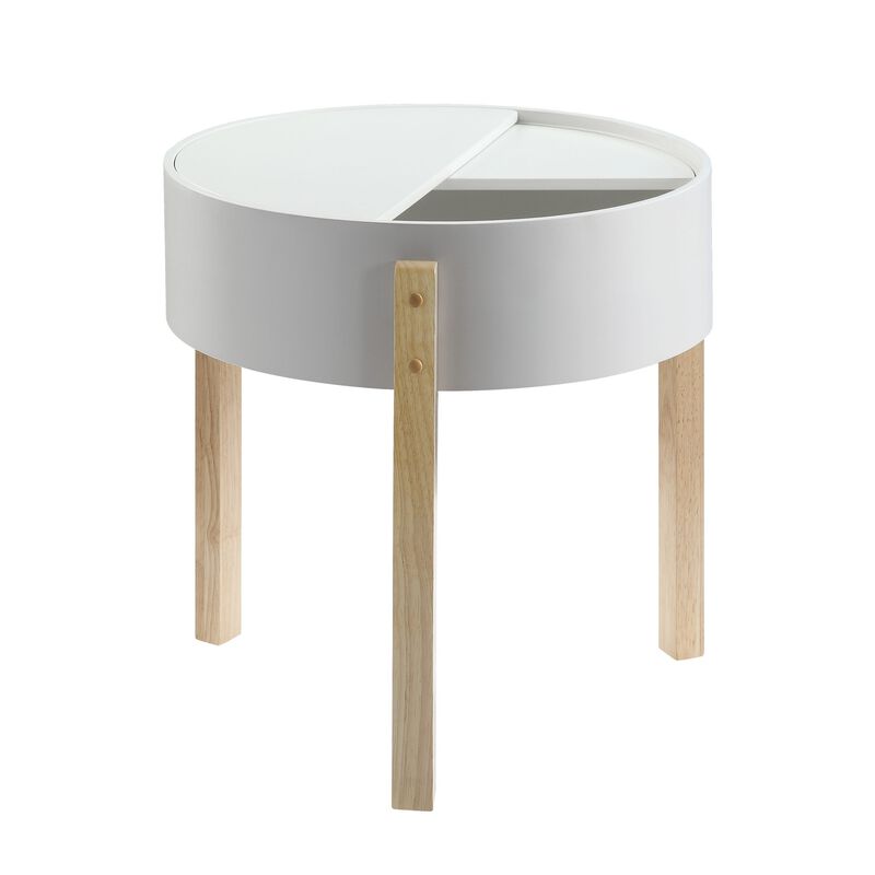 Round Wooden End Table with Hidden Storage, White and Brown-Benzara image number 2