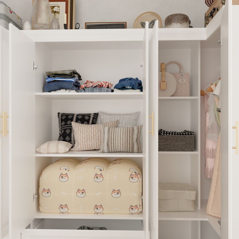 FUFU&GAGA Large Capacity Multifunctional Wardrobe with Concealed Storage, 6 Doors and 4 Drawers with Hanging Rod, (98.4 in. W x 20.6 in. D x 74.2 in. H), White