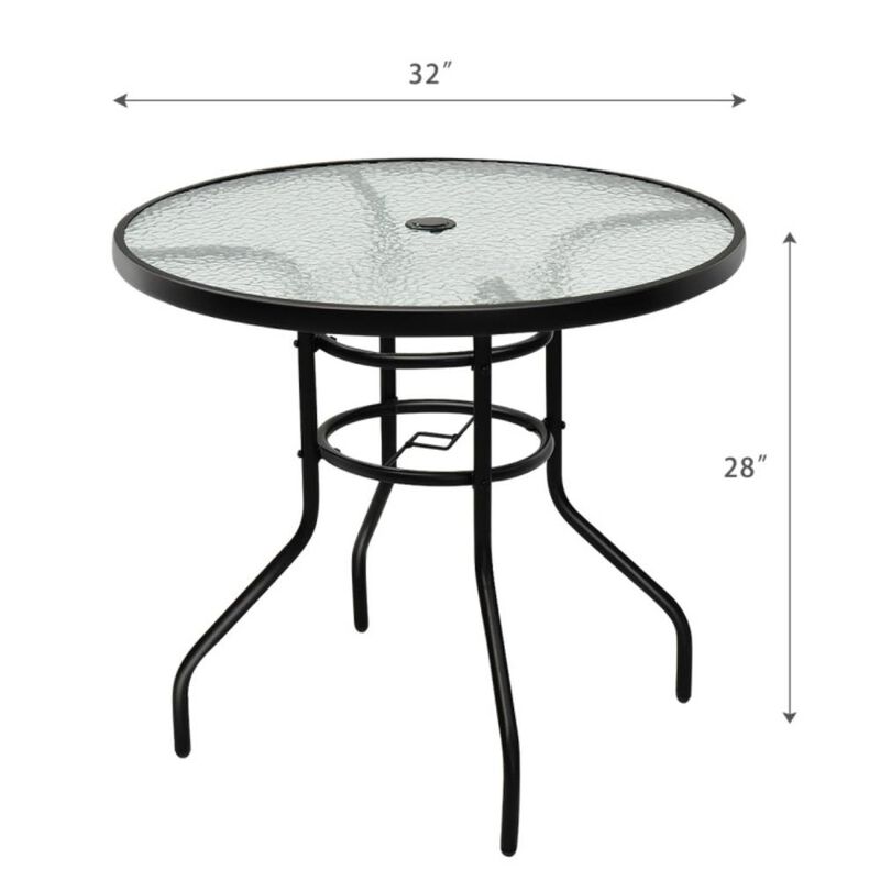 Hivvago 32 Inch Patio Tempered Glass Steel Frame Round Table with Convenient Umbrella Hole