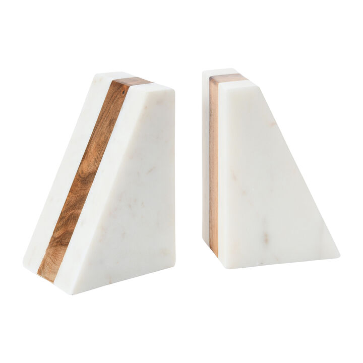 Marble Geometric Bookends with Wood Inlay, White