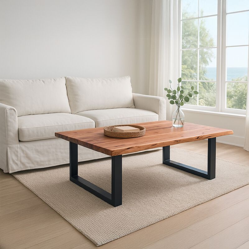45 Inch Acacia Wood Rectangular Coffee Table, Live Edge Details, Black Powder Coated Metal Sled Base, Natural Brown image number 2