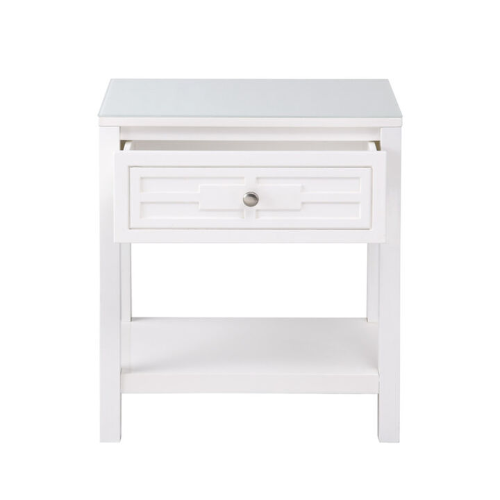 Dylan White Wooden End Side Table Nightstand with Glass Top and Drawer
