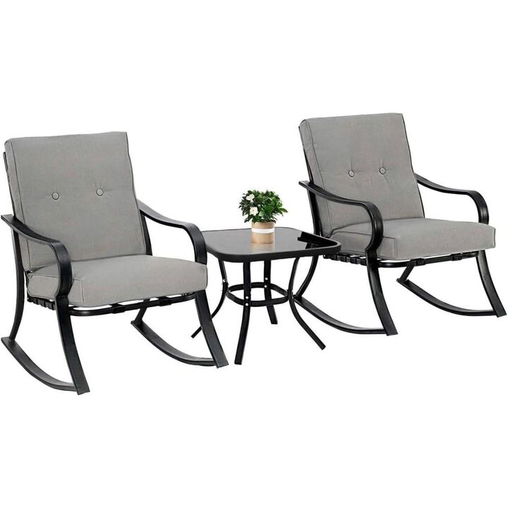 Hivvago Outdoor 3-Piece Patio Furniture Table Rocking Chairs Set with Grey Cushions