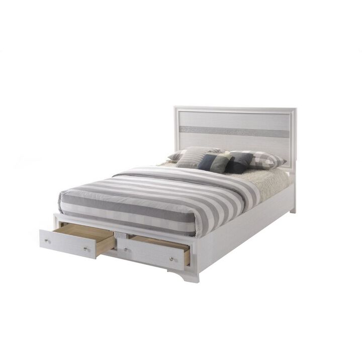 Classy Queen Size Bed With Storage, White-Benzara