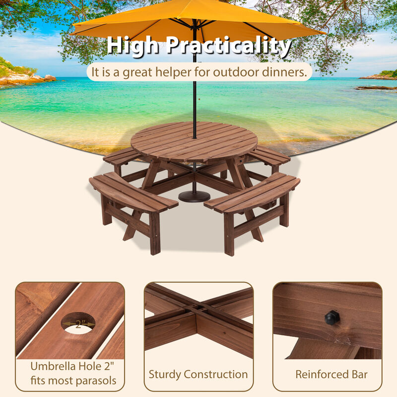 8-Person Outdoor Circular Picnic Table Patio Dining Set with 4 Built-in Benches for Backyard & Garden