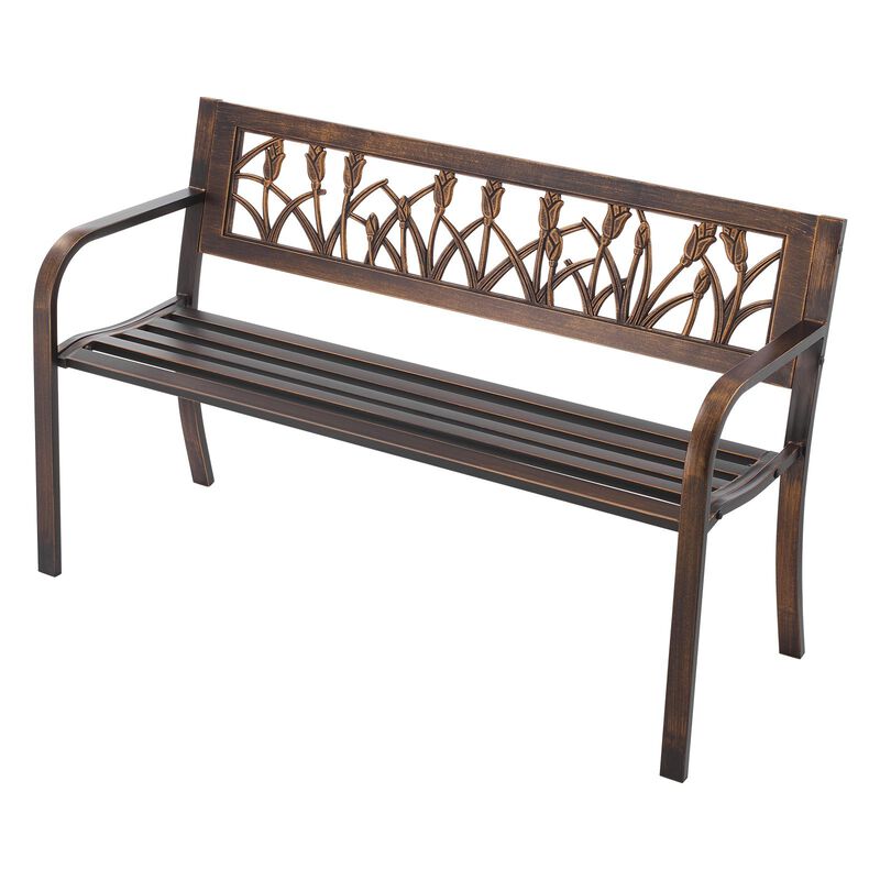 Antique Bronze Outdoor Bench with Floral Pattern, Metal Patio Garden Seating image number 9