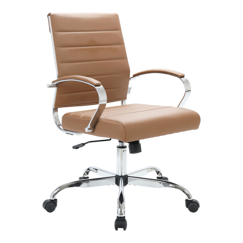 LeisureMod Benmar Mid-Back Office Chair, Leather Upholstery with Swivel, Tilt, and Chrome Base, Modern Desk Seating for Home Office or Conference Room