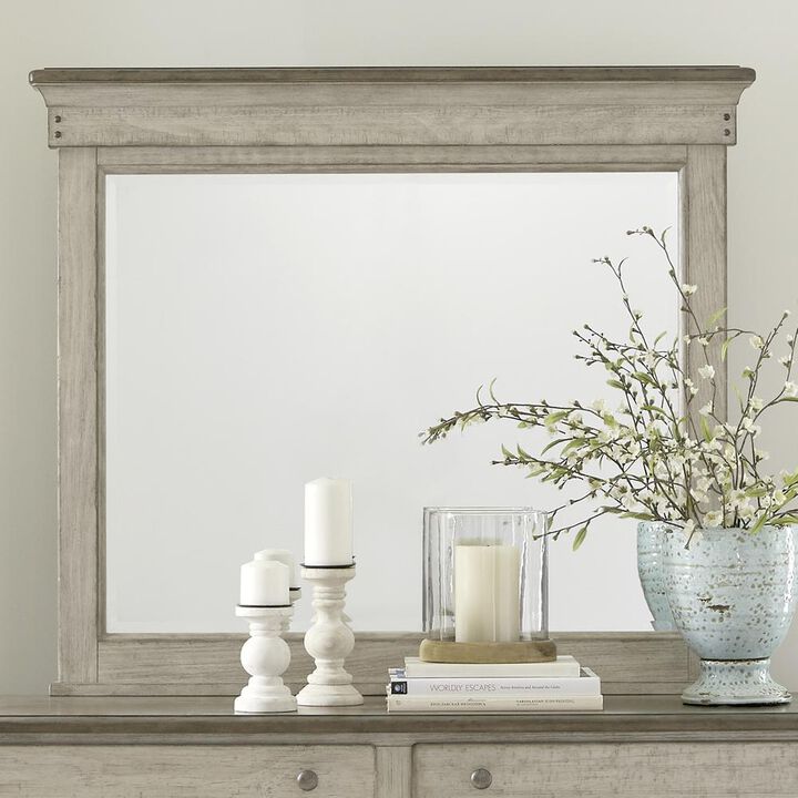 Liberty Furniture Landscape Mirror Farmhouse White in Weathered Linen Finish w/ Dusty Taupe Tops