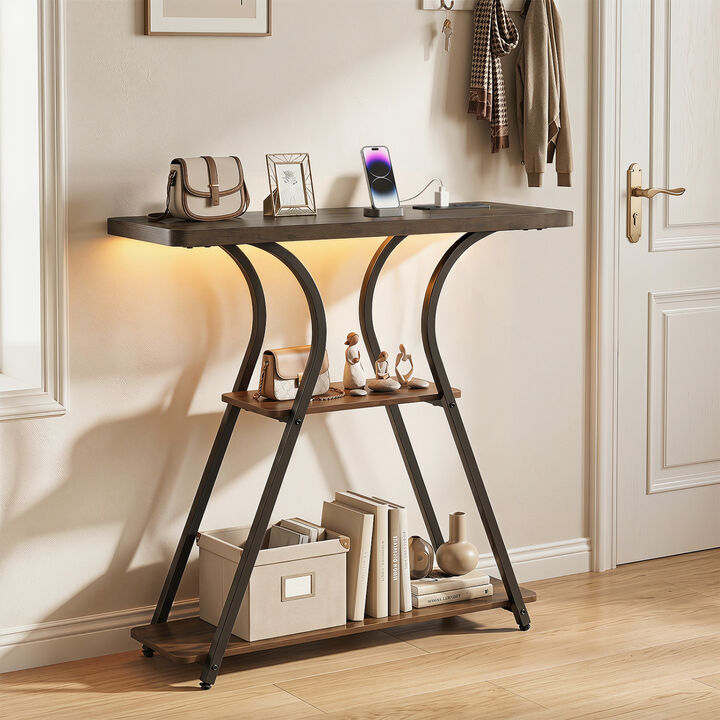 Narrow Console Table with LED Lights and Charging Station for Hallway-Brown